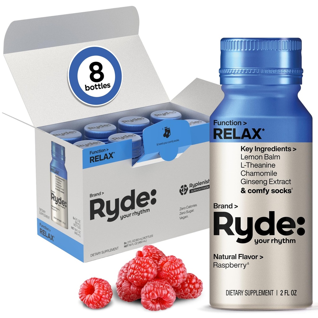 Ryde: Relax Shot Found 124; Raspberry Flavor Flander 124; Lemon Balm, L-Theanine, Ginseng & Heřmánek 124; 0 Calories, 0 Cukr 124; 2 FL OZ Panto124; Pomáhá vám relax * (8 Pack)