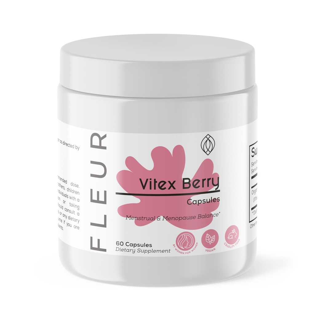 FLEUR Vitex Kapsle, Vitex Chasteberry pro rovnováhu hormonů pro ženy, PCOS dodatek pomáhá udržet úroveň progesteronu pro podporu menstruačního cyklu, plodnost a PMS podpora, 500mg, 60Ct