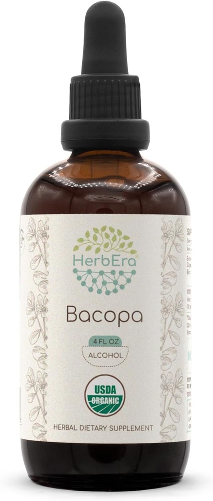 HerbEra Bacopa A120 USDA Organic Tincture PHAR124; Alkohol Extract, high- potency Bylinné kapky, Relaxace, pozitivní kognitivní účinek PHAR124; Certified Organic Bacopa (Bacopa Monnieri) Sušený Herb (4 fl oz)