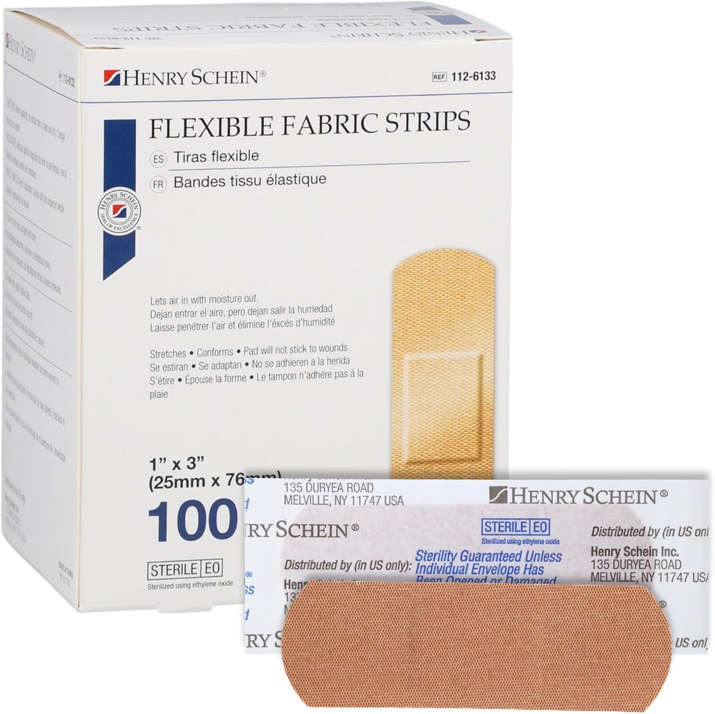 Jindřich Schein Sterilní Adhesive Fabric Bandages, 1 "x 3" - Krabička 100 ohebných, dýchatelných proužků - Měkké, protažené nábojnice pro první pomoc, lékařské použití, klinika a nouzové soupravy