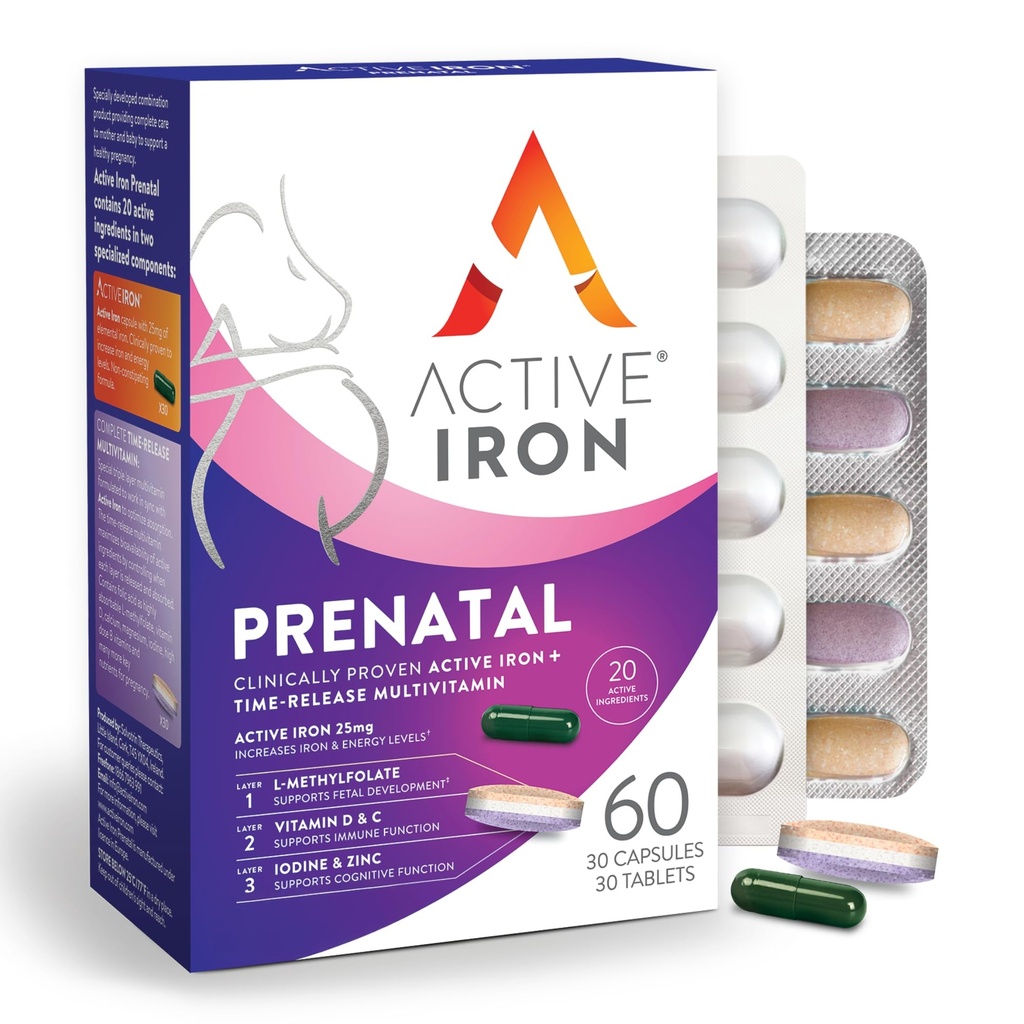 Active Iron Prenatal, Železný dodatek + Prenatal Vitamíny pro ženy, 30 Non- Constipating Kapsle + 30 Time- Release Multivitamins, Těhotenství, Kojení & Postpartum Essentials