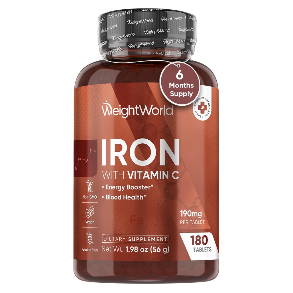 WeightWorld Iron Supplement 65mg - s vitamínem C 125mg - 180 Vegan Tablety (6 měsíců dodávky) - Gentle Carbonyl Iron Supplement for Women & Men - Energy Booster & Blood Heath - Non- GMO & gluten- Free