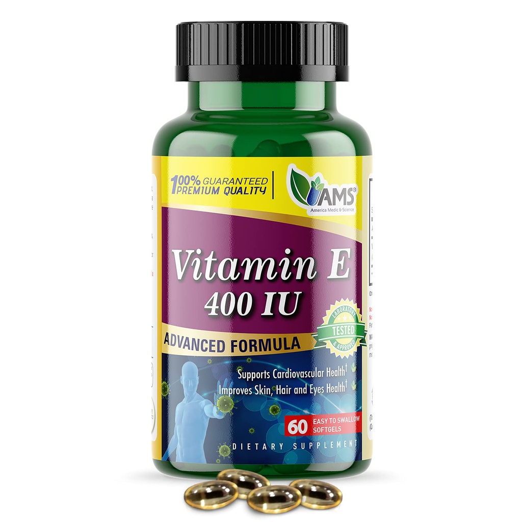 America Medic & Science Vitamin E 400 IU (60 Softgels) Dietní dodatek, který podporuje srdce zdraví, podporuje zdravou pleť, vlasy, oči a imunitní systém current 124; Dl- Alpha Tocopheryl acetát gelové kapsle
