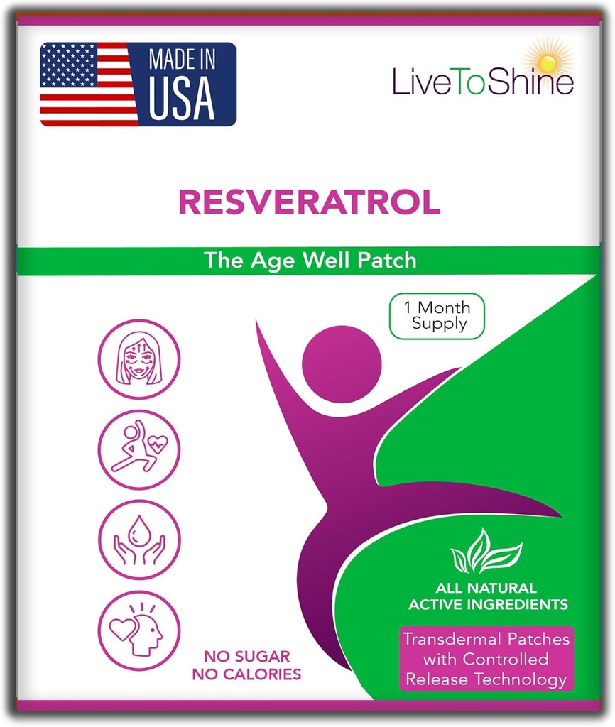 Live To Shine Resveratrol Patch - Transdermální Topical Plant- Based Antioxidant Support for Health Aging and Wellness - 30 Záplaty pro ženy a muže - USA Made