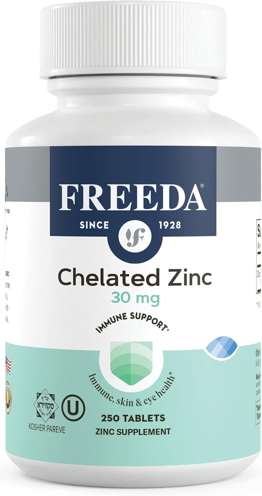 Freeda Chelated Zinc 30mg - TRAACS ® Zinek Bisglycinát pro vysokou absorpci - Vegan, Kosher, Gentle on Stomach - Imunitní podpora pro dospělé, muže a ženy - 250 malých tablet