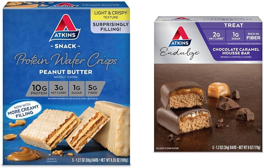 Atkins arašídové máslo protein Wafer crisps 5 Počet a čokoládové karamelové tyčinky 5 Počet Bundle