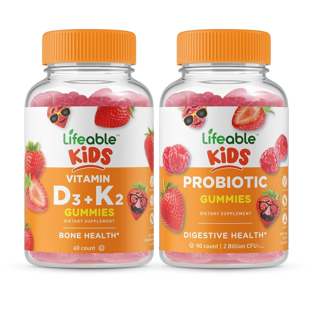 Živý vitamin D3 + Vitamin K2 Děti + Probiotické 2 miliardy CFU děti, Gummies Bundle - Velký přípitek, vitamin dodatek, gluten zdarma, GMO zdarma, žvýkací žlab