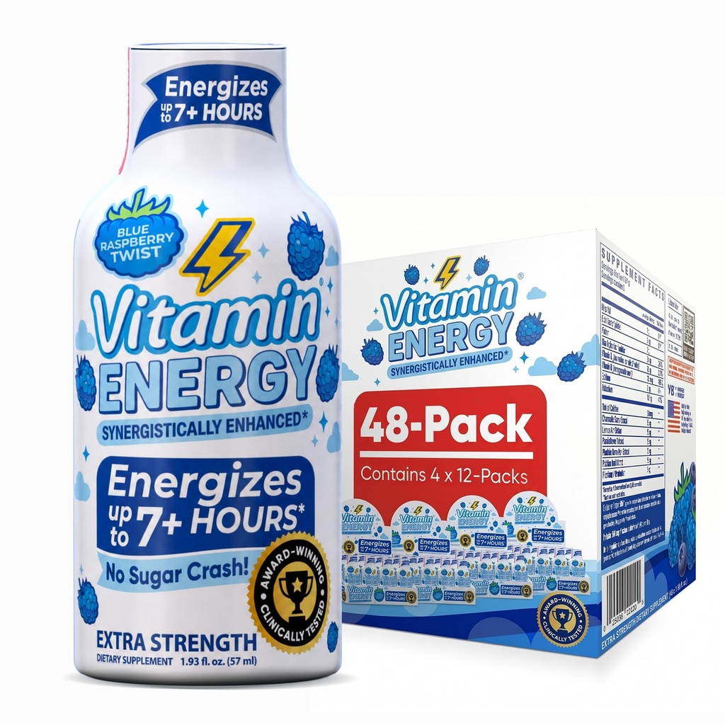 Vitamin Energy Imunní + Extra Síla Energy Shot Blue Raspberry 48 Pack, 260mg přírodní kofein, B-Vitamíny, Citicolin, zelený čaj, Imunita & Focus Support, Nulový cukr, gluten- Free 1.93 fl oz