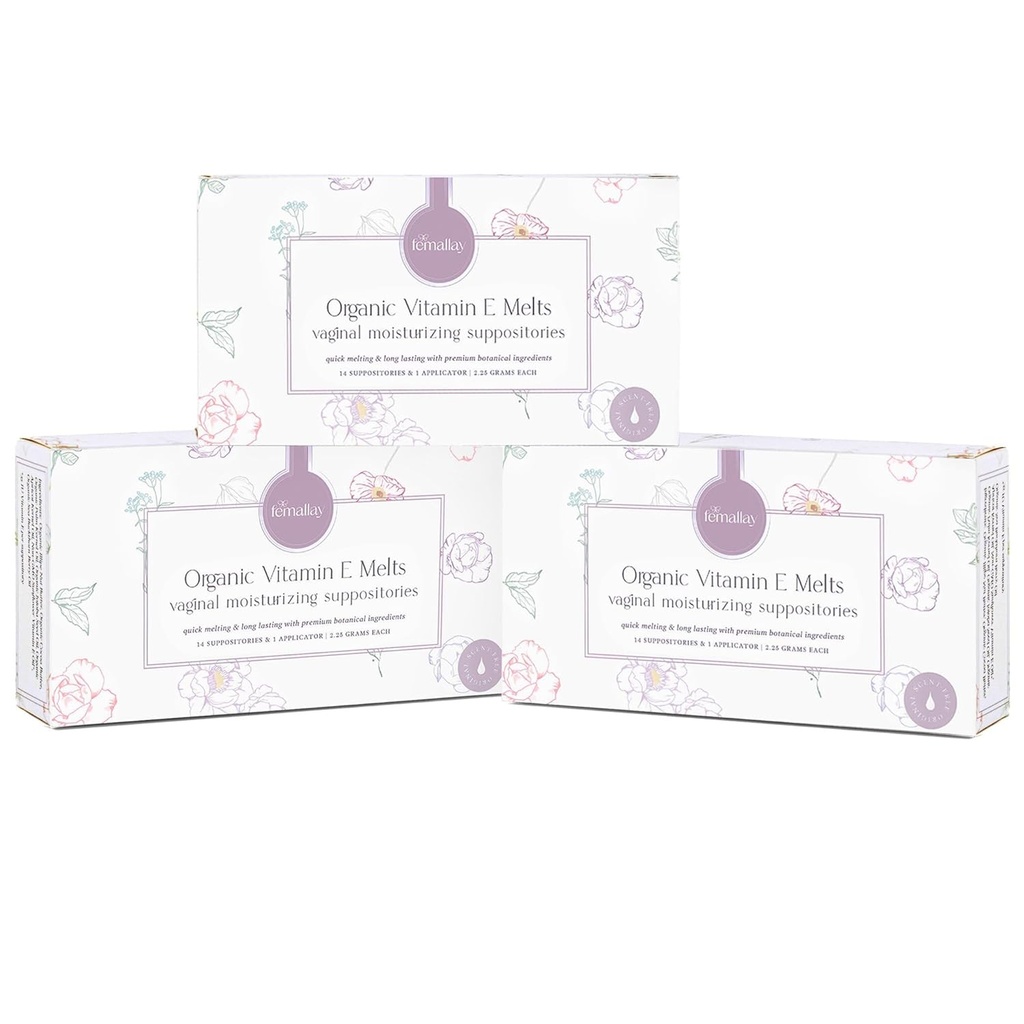 Femallay Organic Vitamin E Vaginální taveniny - 3 Pack - Relief pro menopauzu Sucho a podráždění - 14 Počet + aplikátor