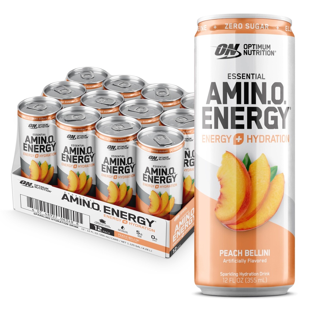Optimum Nutrition Amino Energy Sparkling Hydration Drink, Electrolytes, kofein, aminokyseliny, BCAA, Cukr zdarma, Peach Bellini, 12 Fl Oz, 12 Pack (Balení květen Vary)