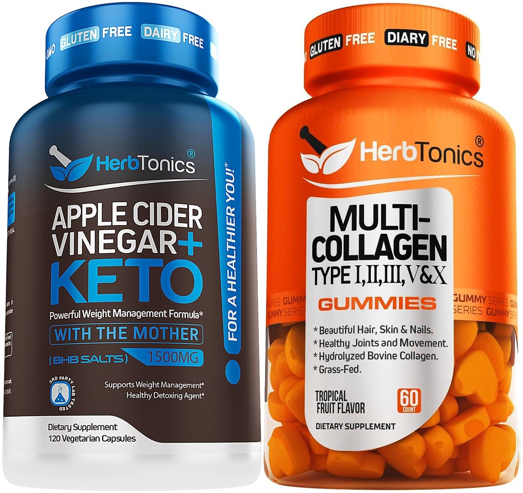Herbtonika Apple Cider Ocet Kapsle Plus Keto BHB 124; Tuk Burner & hubnutí doplněk pro ženy a muže - Multi kolagen gumy Typ 1,2,3,5 & 10 s Biotin pro růst vlasů, kůže, hřebíky