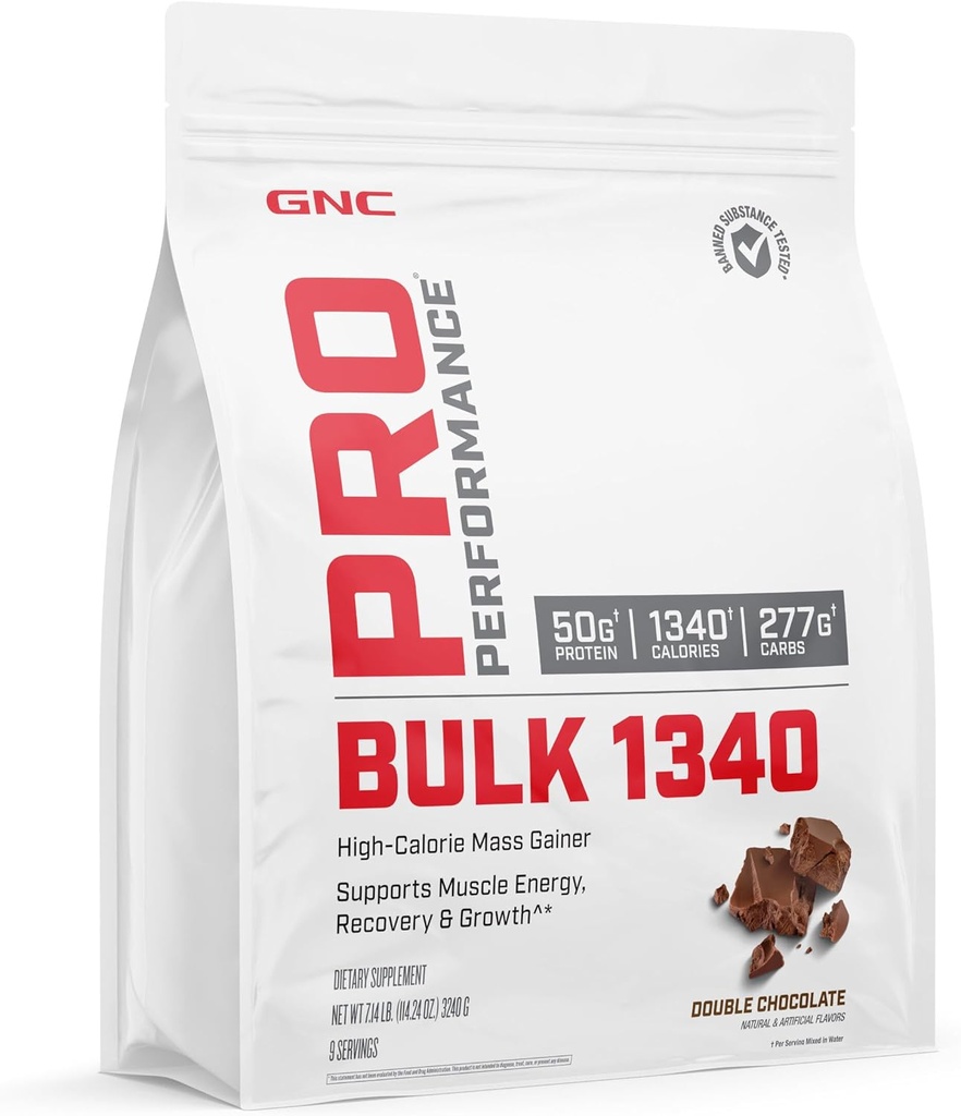GNC Pro Performance Bulk 1340 Mass Gainer Protein Powder, 50g, Gluten Free, Syrovátka, Creatine, BCAA, třetí strana testováno, Muscle Recovery & Growth, Mikronutrients, Double Chocolate, 9 Služeb