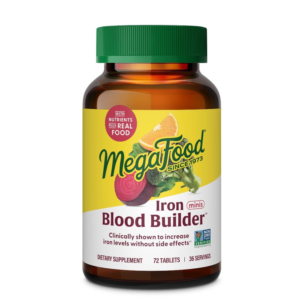 MegaFood Blood Builder Iron Supplement for Women & Men - Zvýšení hladiny železa bez vedlejších účinků - Boj proti únavě - Vitamin B12, kyselina listová a vitamín C - Vegan - 72 Mini tablety (36 Služeb)