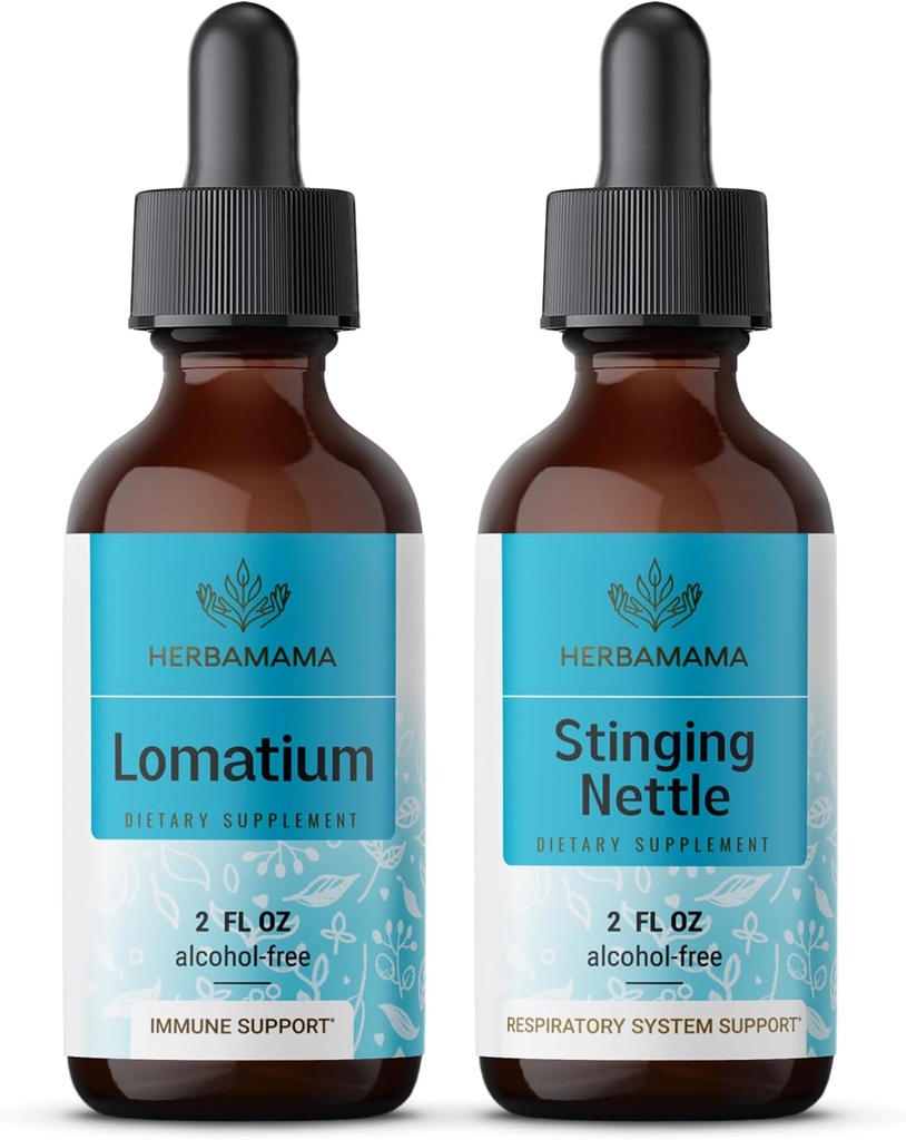HERBAMAMA Herbal Liquid Drops Kit - Bundle of Lomatium Root Extract and Singing Nettle Tincture 2 fl oz - Vegan, Non- GMO, Sugar & Alcohol- Free - 2 Pack