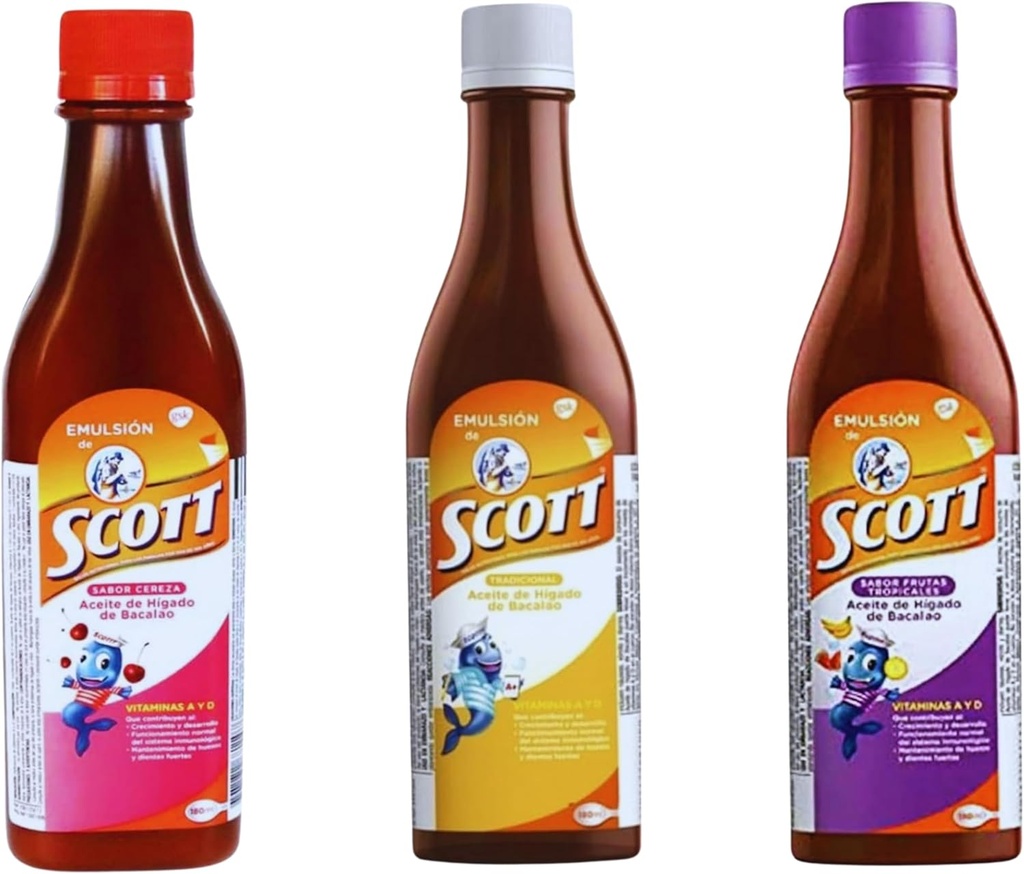 Emulsión de Scott 3 Pack Combo - Cod Jaterní olej (tradiční, třešňový, tropické ovocné příchutě) - 180ml