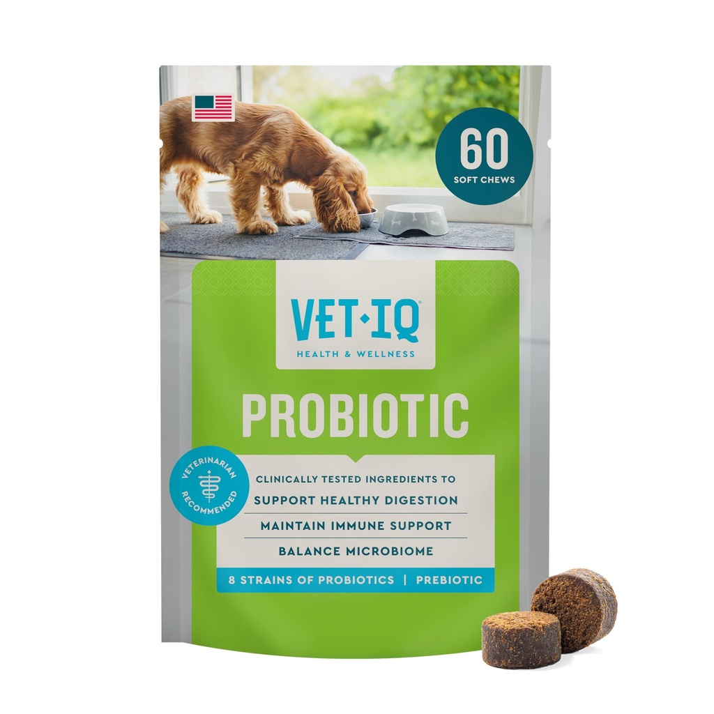 VetIQ Probiotický dodatek pro psy, Dědičná podpora pro psy, Nurishes Gut Bakterie a podporuje Bowel funkce, Hickory Smoke Flavor, Made in USA, 60 Počet