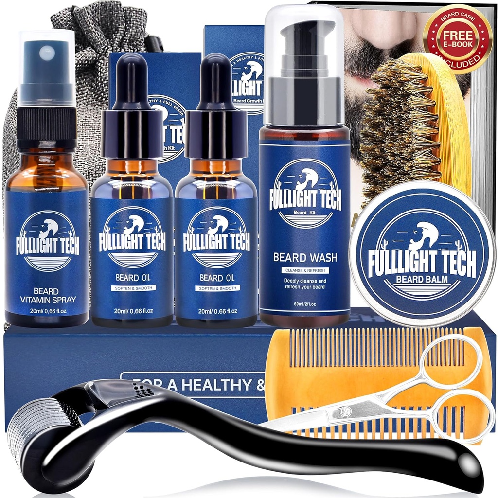 Beard Care Kit pro Men- Nourish Soften Grooming Patchy Beard W / Vitamin Spray, Mustache Oil, Balm, Wash, Boar Bristle Brush, Dřevěný Comb, Nůžky, Valentines Otcové dárky pro muže Táta Ho Manžel Přítel