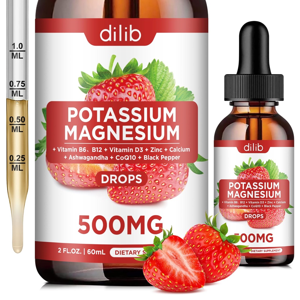 Draslík Magnesium Citrát dodatek, tekutý hořčík Citrát Kapky 500 mg s Ashwagandha, vápník, zinek, Vitamin D3, B6, B12, CoQ10 - Podpora klid & kosti & svalovina & imunitní zdraví Vegan 2 fl oz