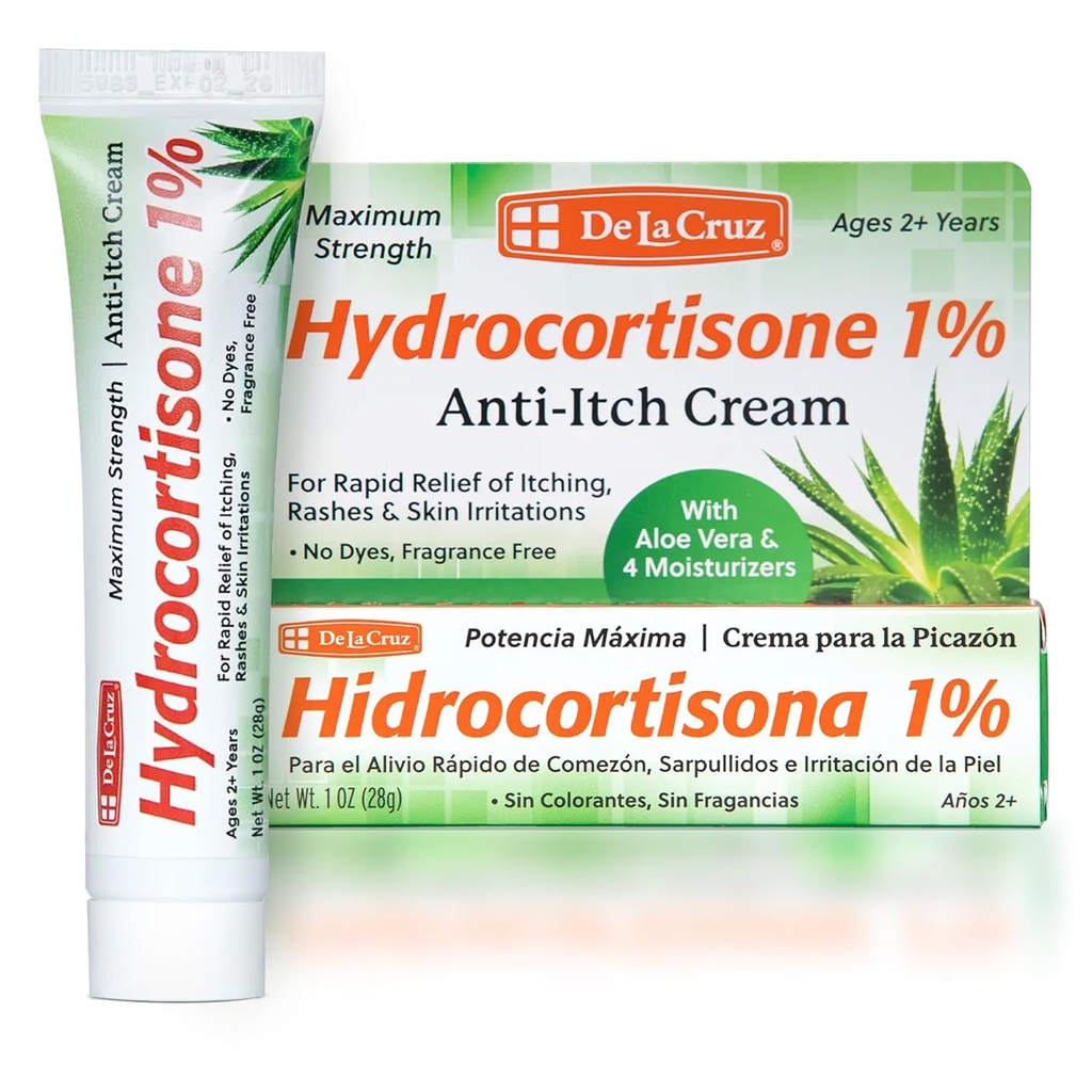 De La Cruz 1% Hydrokortizon Cream - Maximální síla - Topical Anti Itch Hydrokortizon Cream s Aloe Vera a Moisturizer pro suchou pleť, červenost, dermatitida, ekzém a vyrážky - 1 OZ (28g)