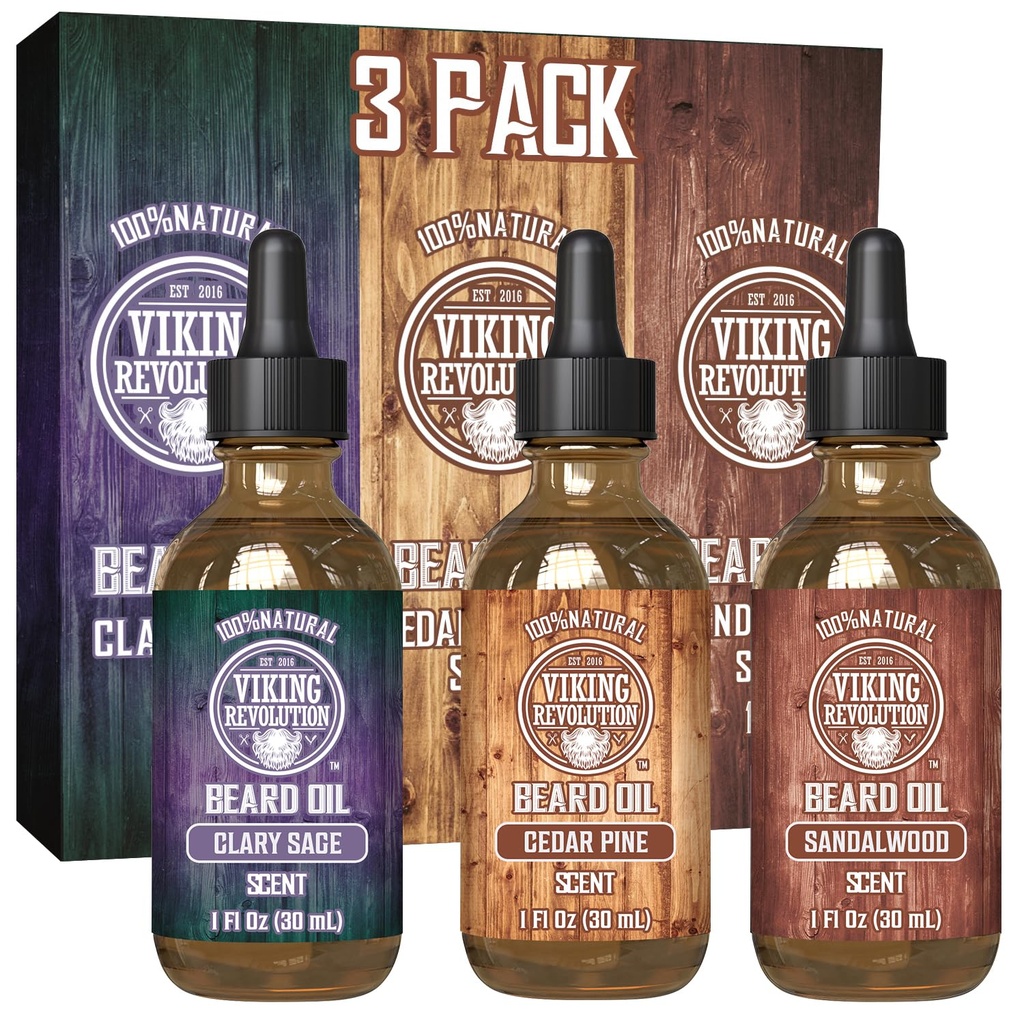 Viking Revolution Beard Oil for Men 3 Pack - Natural Mens Beard Oil Variety Set - Sandalwood, Pine and Cedar, Clary Sage Sents - Beard Conditioning and Moisturizing for a Health Beard (3 Pack, 1oz)