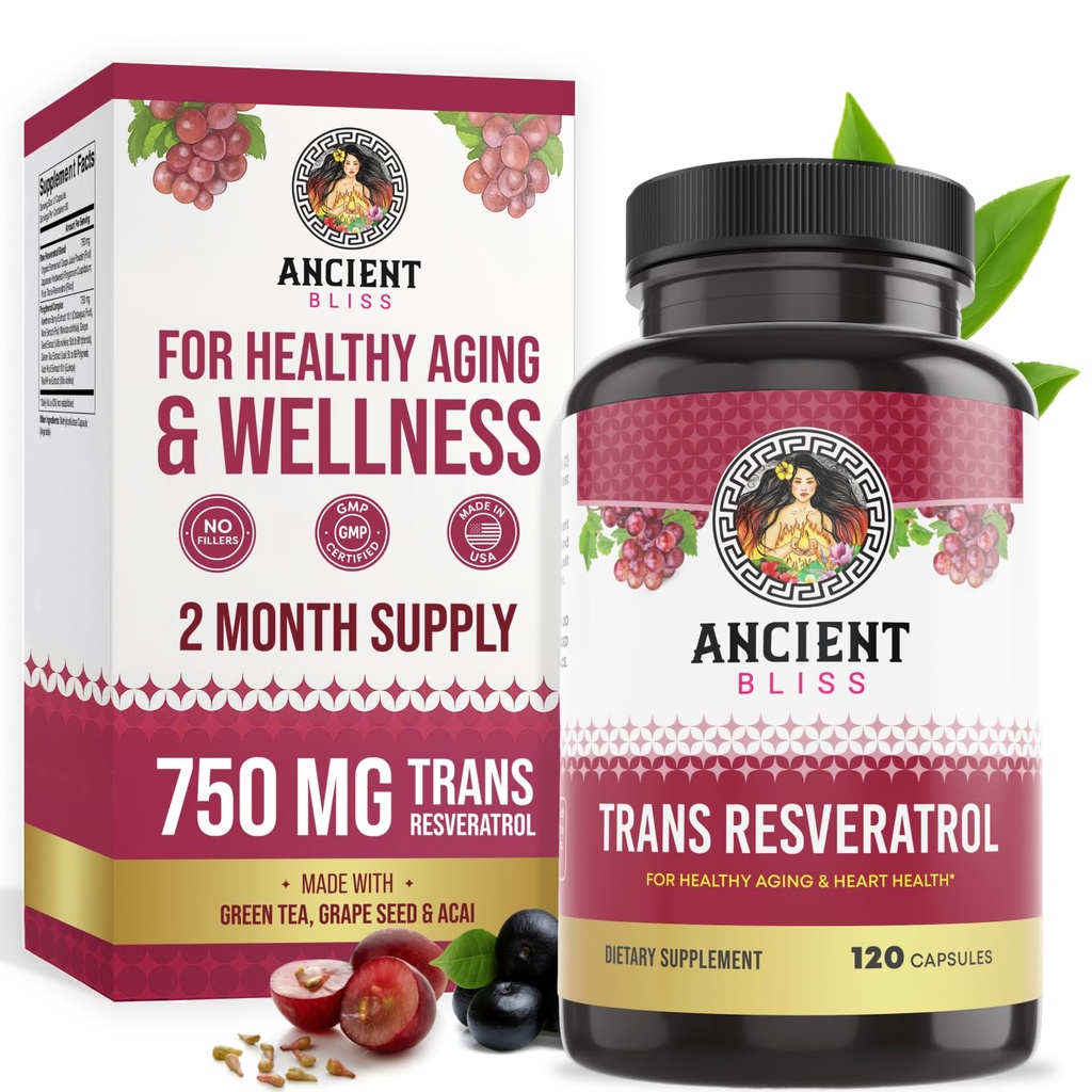 Starověké Bliss Resveratrol Výkonný Antioxidant dodatek se Zeleným čajem, Grape Seed Extract pro zdravé stárnutí pro muže a ženy