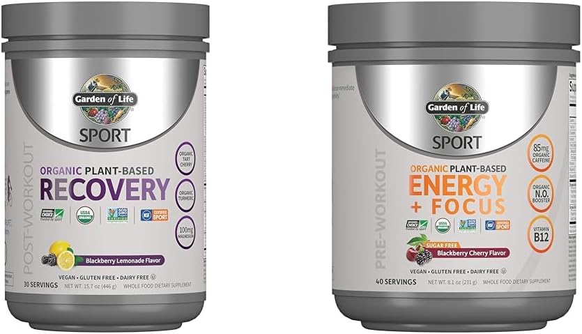Zahrada života Vegan Organic Plant- Based Post Workout Recovery Powder, 30 Servings, 15.7 Oz & Pre Workout Energy Powder, 40 Servings, 8.14 Oz Bundle