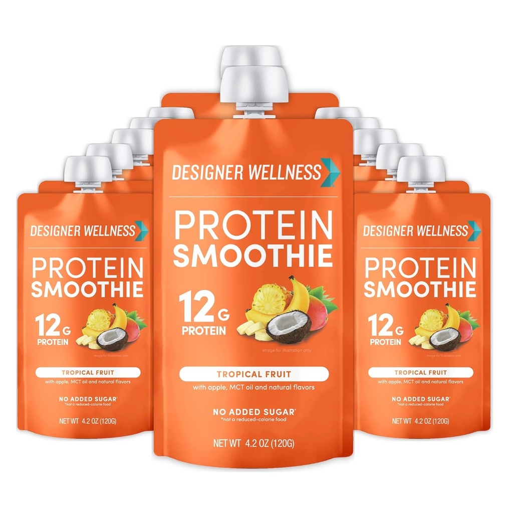 Designer Wellness Protein Smoothie, Real Fruit, 12g Protein, Low Carb, Zero Added Sugar, Gluten- Free, Non- GMO, No umělé barvy nebo chutě, Tropické, 12 Počet