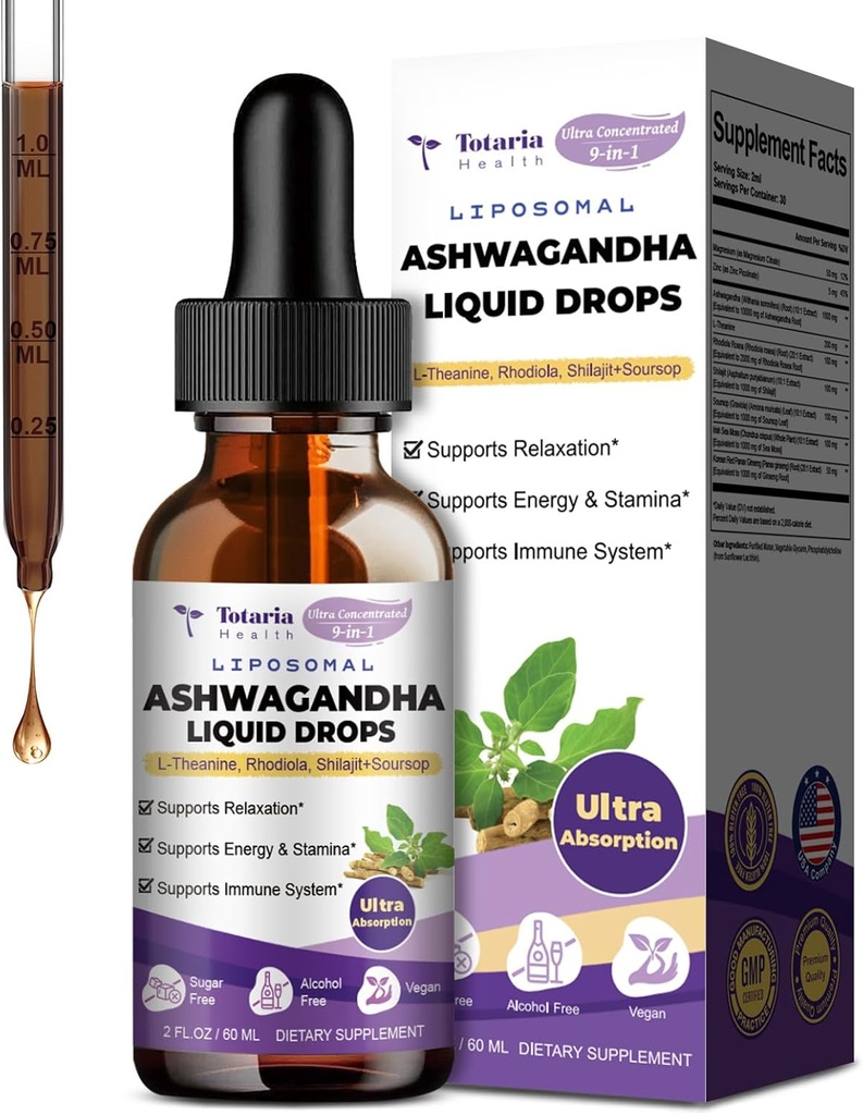 Totaria Liposomal Ashwagandha Liquid Drops w / Shilajit, Magnesium, Soursop, L- Theanine, Ultra Extact Ashwagandha Root Extract 124; 7% Witanolides 124; Alkoholides-Free Foundation 124; Non- GMO 124; pro muže a ženy
