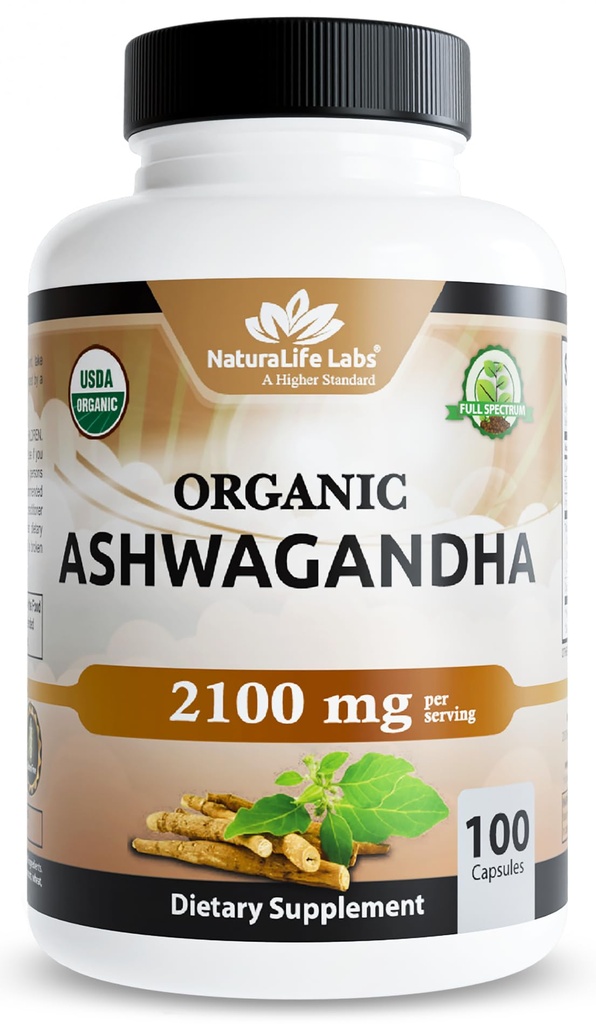 NaturaLife Labs Organic Ashwagandha 2100 mg per Serving - Root Powder & Extract - 100 Kapsle - Vegan, Non- GMO, gluten- Free