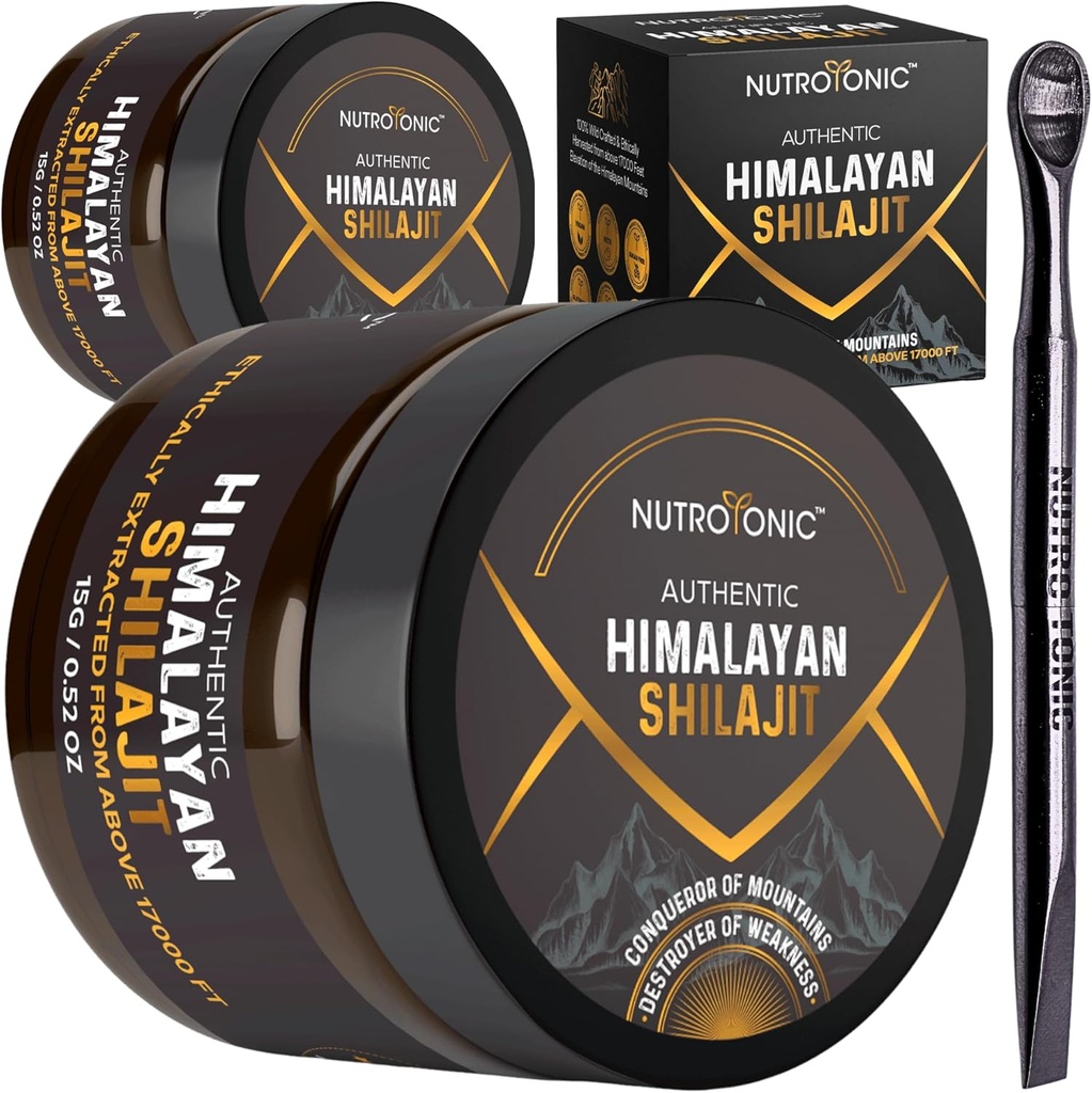NutroTonic ® Authentic Himalayan Shilajit Resin for Men & Women - Gold Grade 86% Fulvic Acid - Wild Craft + 17000 FT - 40x Nanofiltrovaný a sušený - 3. test z laborky - 15g Jar (balení po 2)