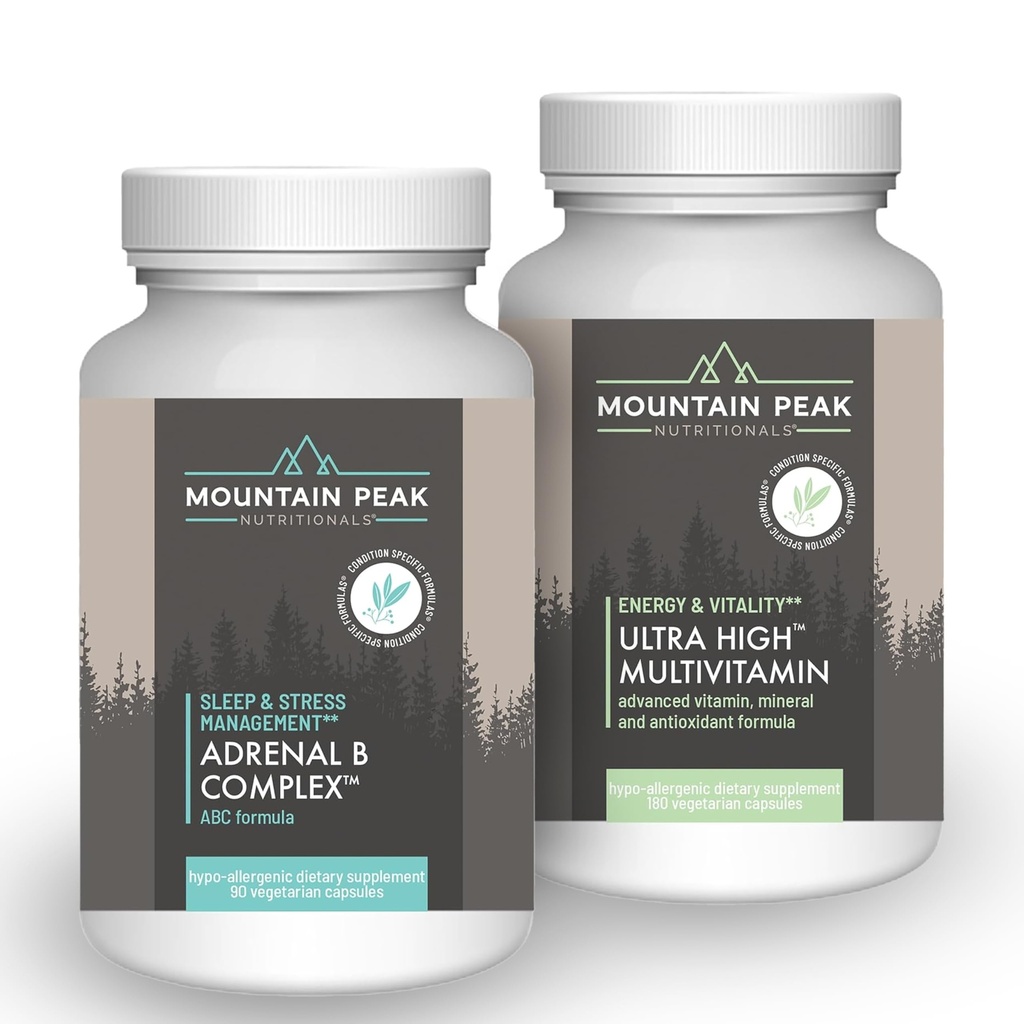 Mountain Peak Nutritionals Adrenal B Complex & Ultra High Multivitamin Combo Pack - Vitamin, Multi- Mineral, & Adaptogen Support - B Vitamíny, Probiotika, & Essential Nutricents - 90 & 180 Vegetarian Ca