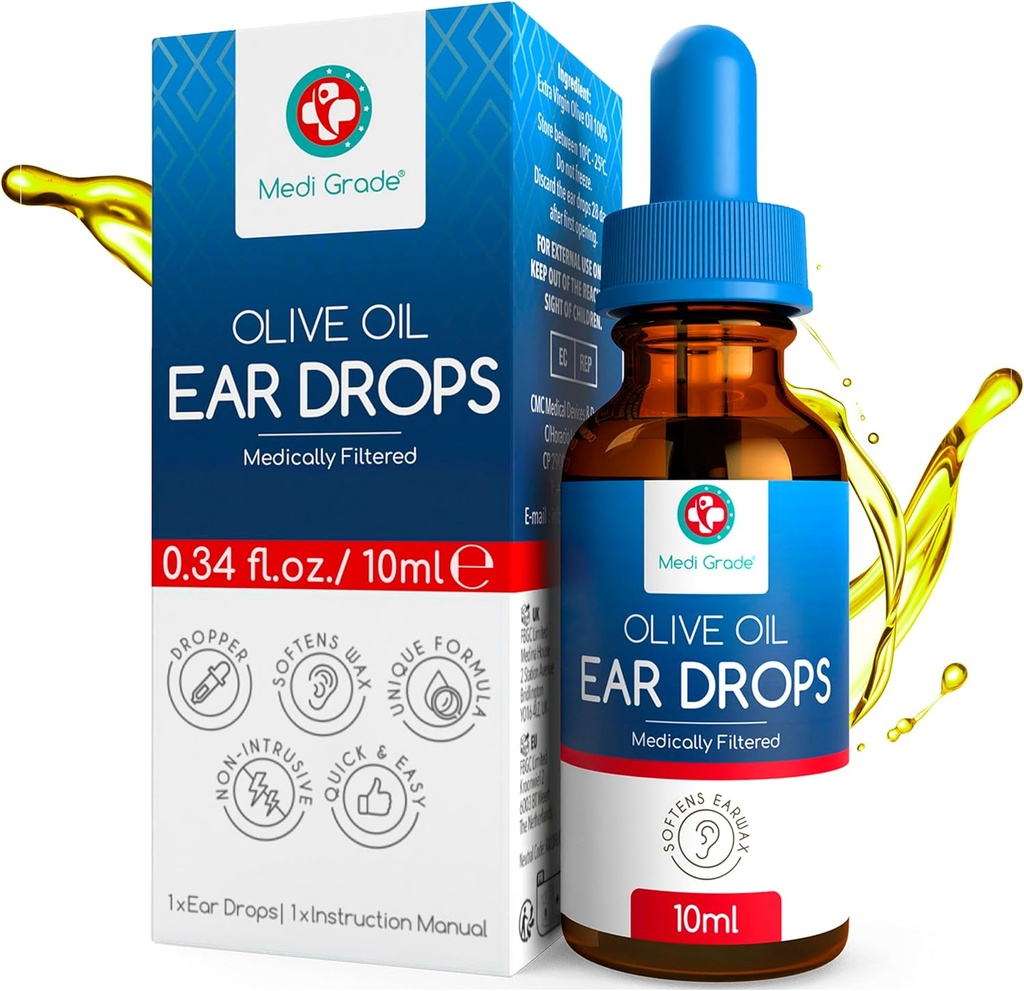 Medi Class Olive Oil Uar Drops for Wax Removal and Blocked Ears, 10ml - 100% Natural Ear Wax Removal Drops with Pipette Dropper Softens and Removes Harded Earwax Buildup - Advanced Ear Wax Drops