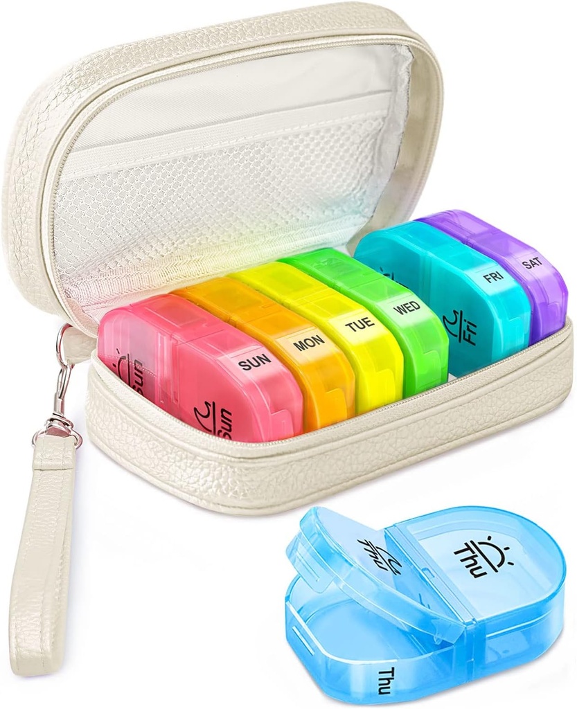 Roztomilý Pill Organizátor 2 krát denně, PU kůže Pill Pouzdro pro ženy, Přenosný týdenní Pill Box pro kabelku se skladovacím vakem držet vitamíny, léky, rybí oleje, doplňky (Beige)