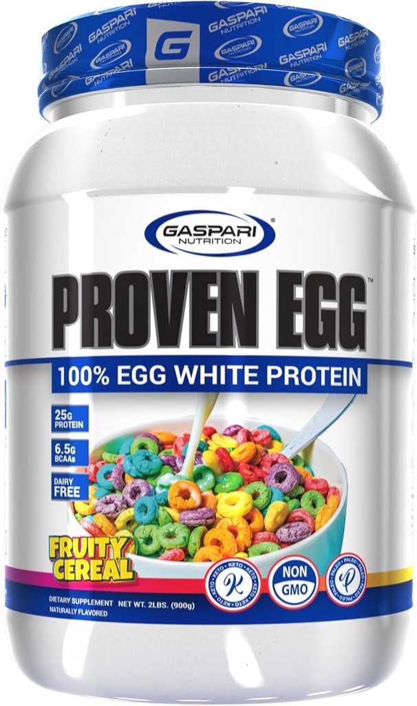 Gaspari Nutrition Proven Egg, Ovocné Cereálie, 100% Vaječný bílý protein, 25g protein, Keto Friendly, mléčné výrobky a laktóza zdarma, Soy Free (2 libry, Ovocné Cereálie)