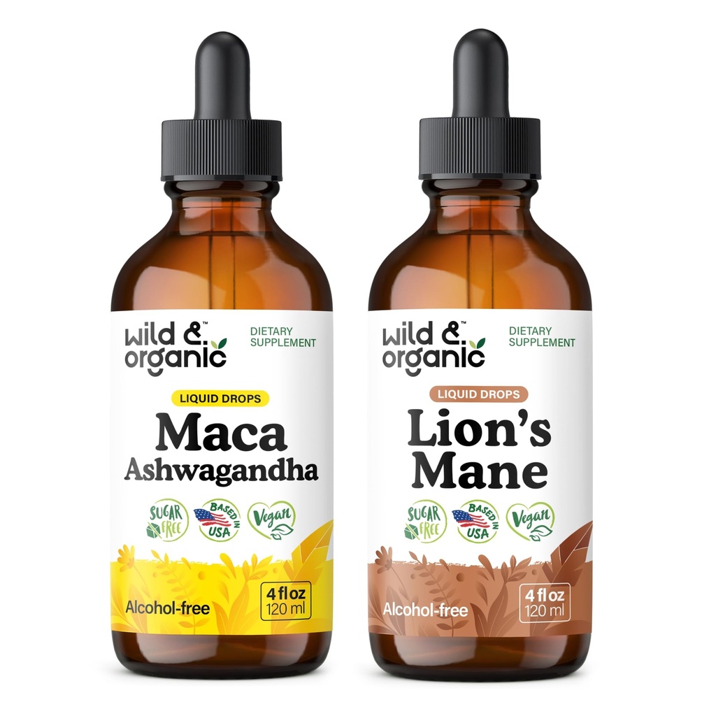Wild & Organic Maca Ashwagandha tinktura 4 fl oz & Lion 's Mane tinktura 4 fl oz