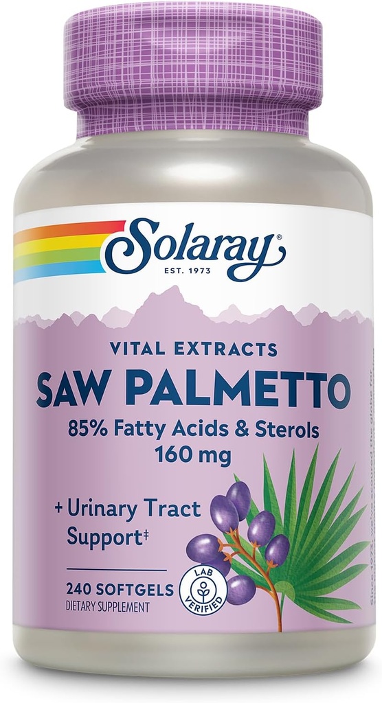 SOLARAY Saw Palmetto Extract - Podpora prostatního zdraví a močení - 136 mg mastných kyselin a sterolů - Laboratorní ověřené, 60denní záruka vrácení peněz (240 Služeb, 240 Softgels)