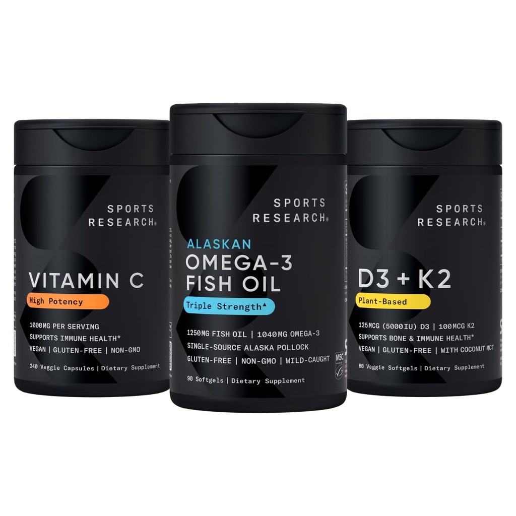 Sport Research 1250 mg Omega 3 Bezedný rybí olej - Wild Alaskan Pollock - (90 hrabě), High Potency Vegan Vitamin C 1000mg (240 hrabě) + Vegan 5000iu Vitamin D se 100mcg Mk7 Vitamin K (60 hrabě)