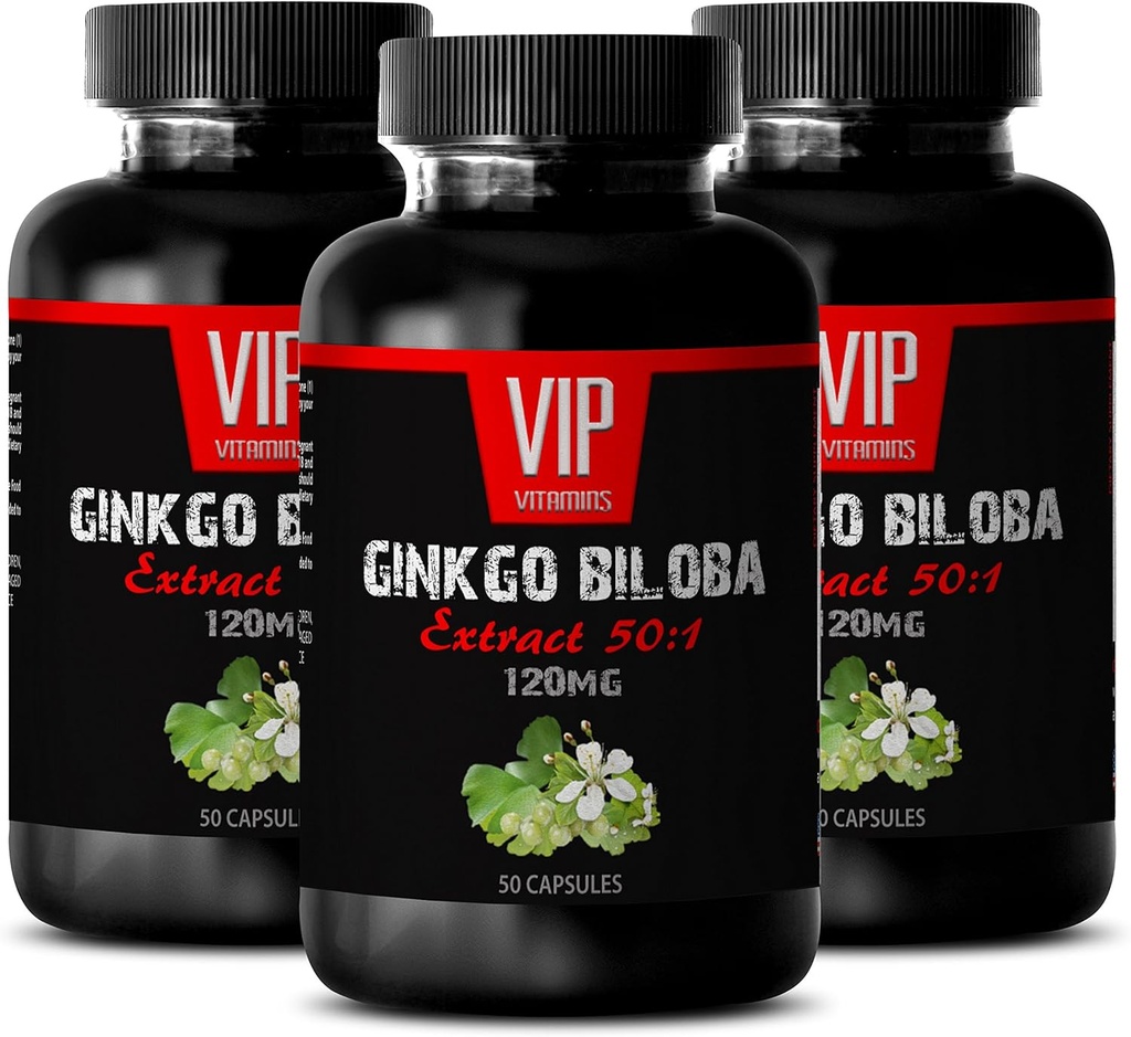VIP VITAMINS Ginkgo biloba pro dospívající - Ginkgo Biloba Leaf 120mg - pro zdravou funkci mozku (3 lahve - 150 tobolek)