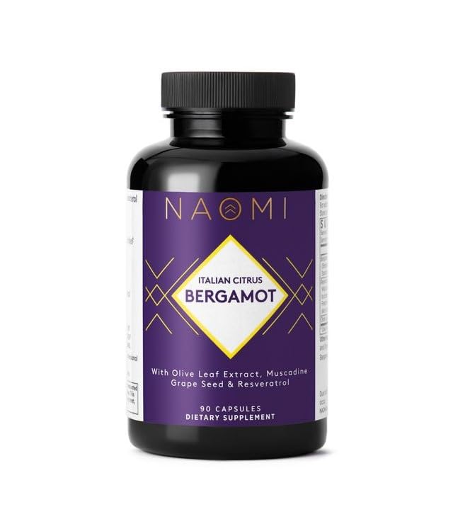 NAOMI Italský Citrus Bergamot 500mg + Resveratrol, Award- Vítězný kardiolog Dvlpd, podporuje normální Cholesterol & zdravé buněčné funkce, 7 klíčových polyfenolů, Resveratrol & Olive Leaf, 90denní zásobování