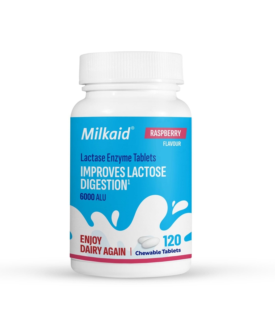 Tablety s mléčnou laktázou Enzyme Chewable pro potlačení intolerance laktózy 124; Prevents Gas, Bloating & Diarrhea Current 124; Fast acting Dairy Digestive Supplement (120 Tablety, Malina)