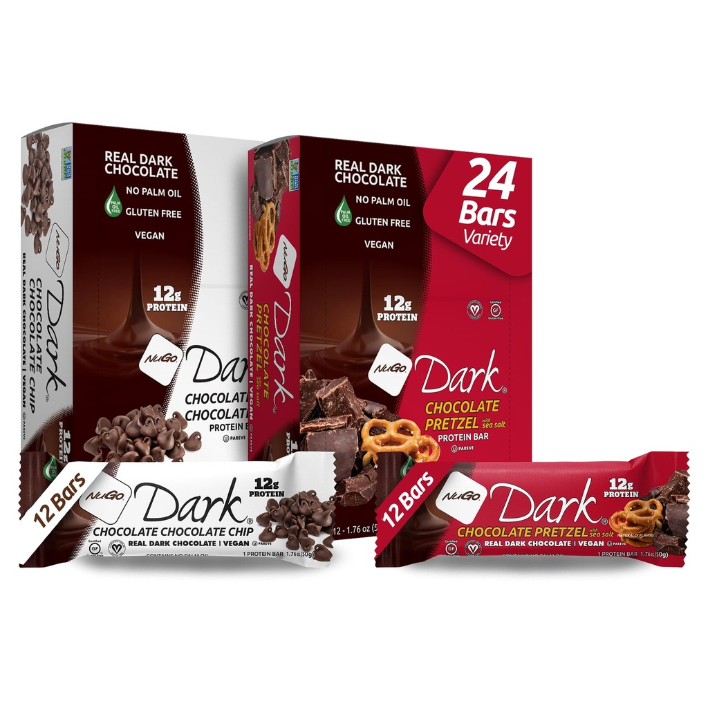 Nugo Dark Variety - Čokoláda Pretzel 12 Bary & Čokoláda Chocolate Chip 12 Bary, 12g Protein, Vegan, Gluten Free, Non- GMO, Kosher Pareve, 24 Počet