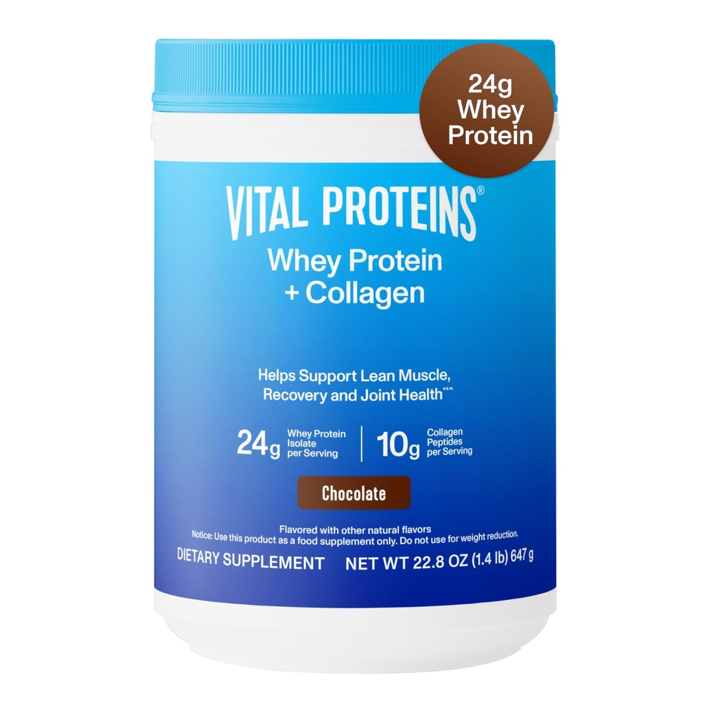Vitální proteiny Syrovátkový prášek + kolagen Peptidy, 24g protein podporující obnovu a společné zdraví, s vitaminem C, O 16 Služeb - Čokoláda 22.8oz