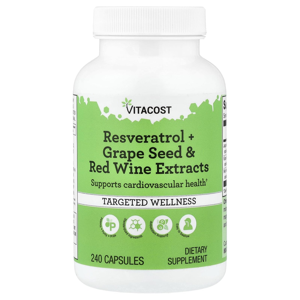 Vitacost Resveratrol + extrakce hroznového semene a červeného vína -- 240 Kapsle