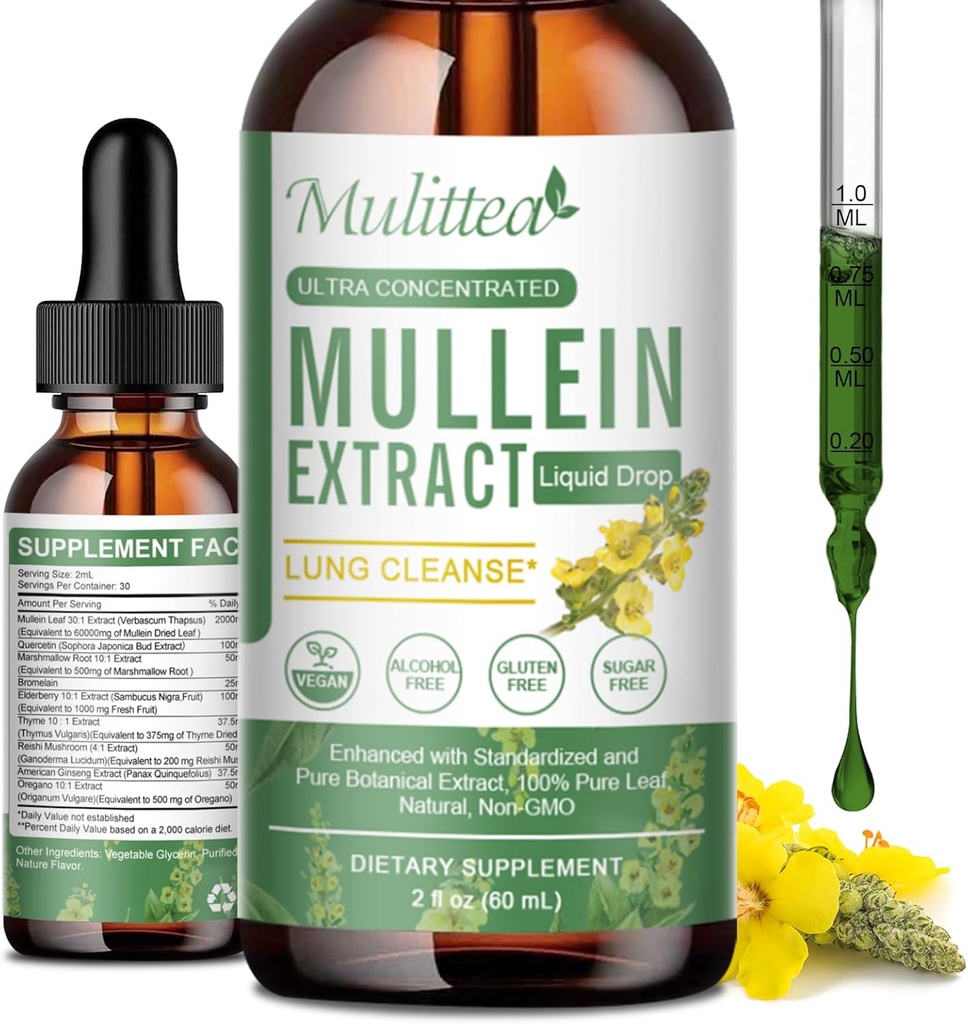 Mullein Drops for Lungs & Lymfatic Draining - Lung Cleanse & Detox- Vegan Mullein Leaf Extract Support Immunote, Respirační trávicí -9 Potenciální Bylinný dodatek k obnovení -Jako tekutý