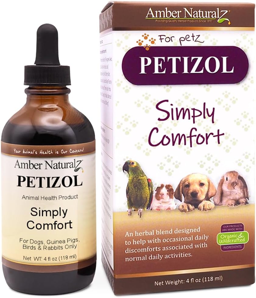AMBER NATURALZ Petizol Jednoduše Comfort Bylinný doplněk pro psy, Pták, Králík 124; Podpora pro příležitostné pohodlí a normální tělesnou teplotu 124; 4 Fluid Ounce skleněná láhev 124; Vyrobeno v USA