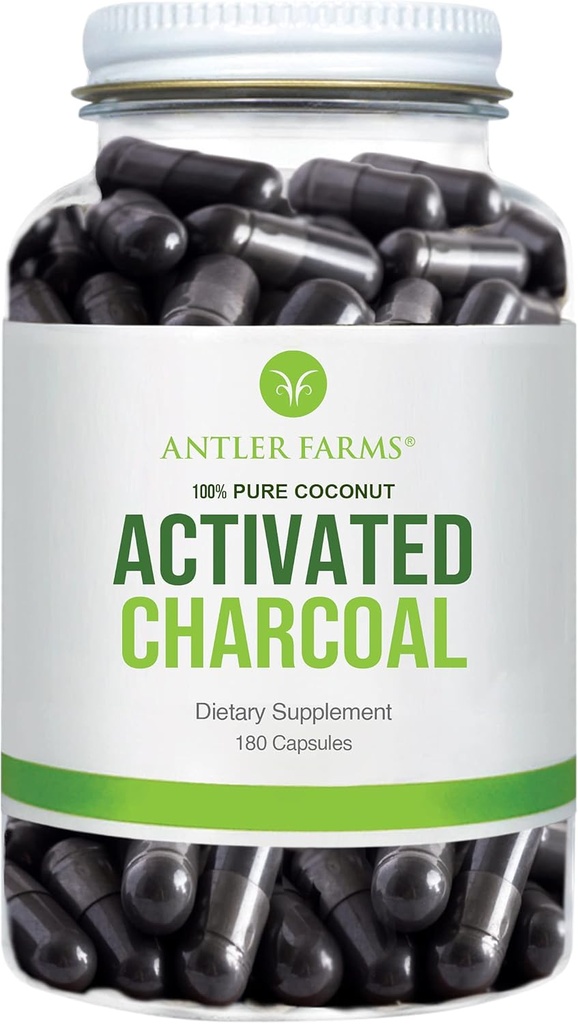 Antler Farms - 100% čisté kokosové aktivované Charcoal, 180 Kapsle 260mg - Wild Harvested, Virgin Coconut Shell, USP Food Grade, Steam Activated, Ultra Fine