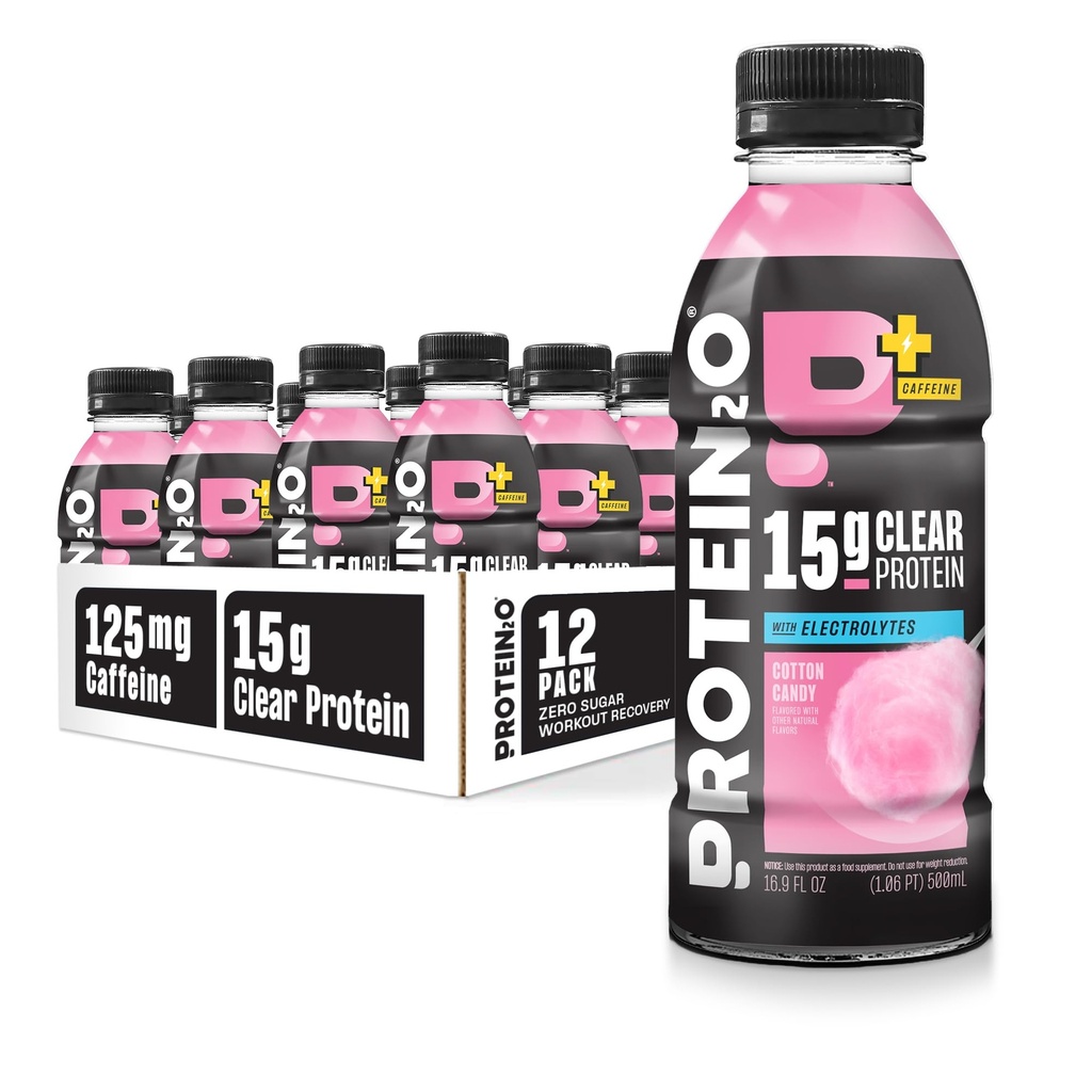 Protein2o 15g Syrovátkový protein izolát Hydratační nápoj Plus Energy & Focus, 350mg elektrolytů, Vitamíny B5 & B6, bez cukru, Cotton Candy, 16.9 oz láhev (balení po 12)