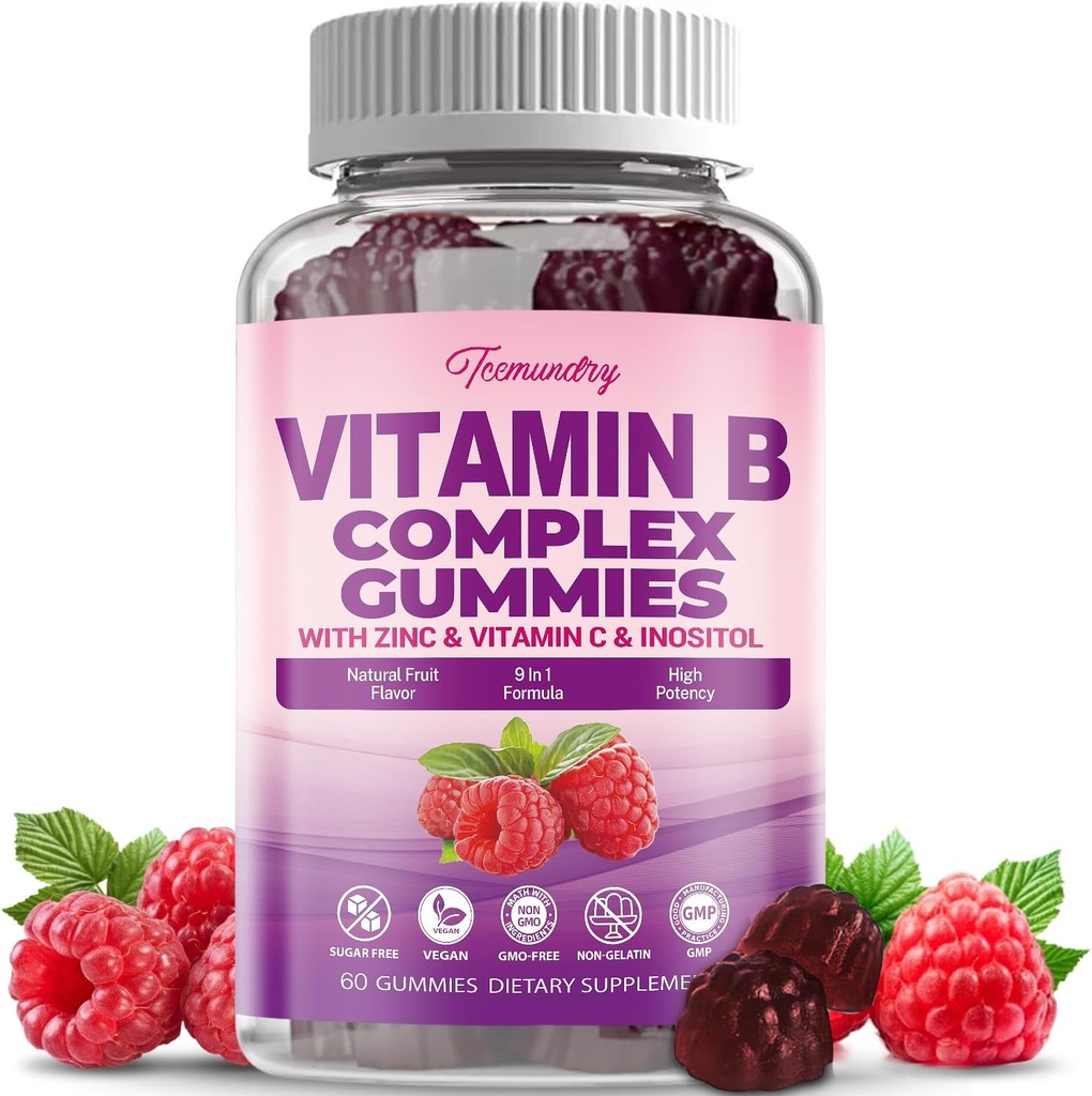 Sugar- Free vitamin B Complex Gummies for Women - Vegan b Vitamíny Complex with Methyl B12, Methyl folát - Plus vitamín C, zinek, inositol - Podporuje energii, imunitní, zdravé vlasy, kůže (60 Počet)