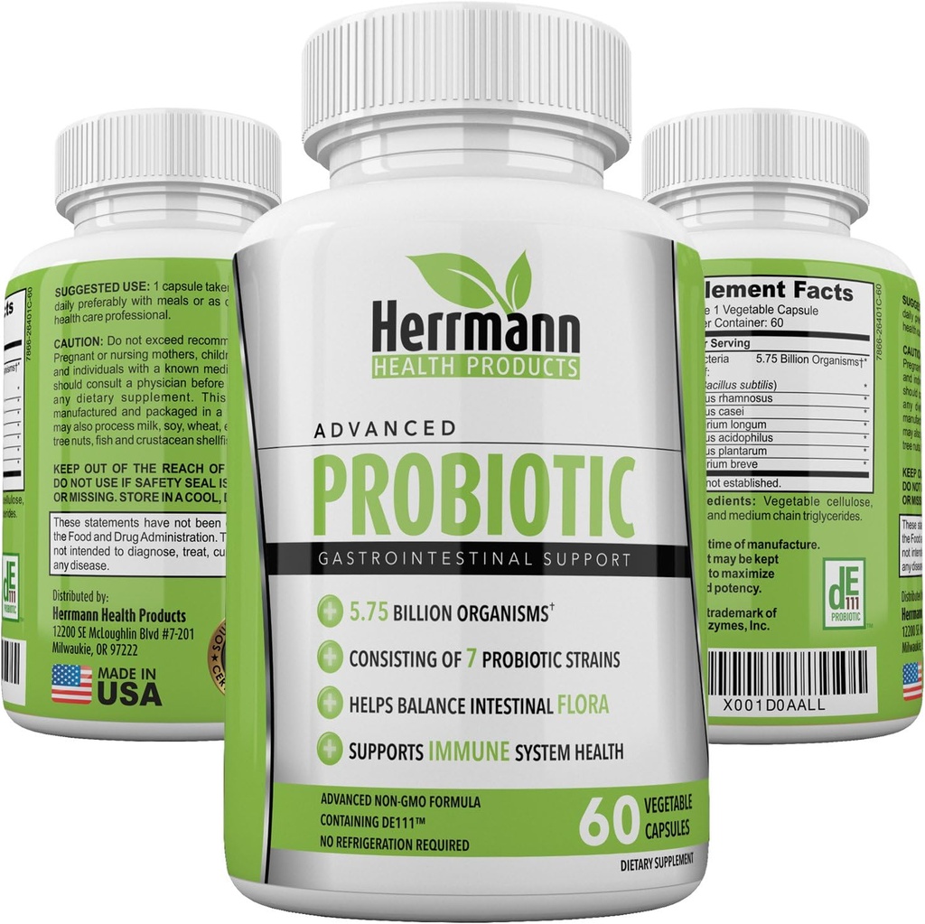 Probiotika podle Herrmann Health Products PHAR124; Probiotika pro muže a ženy PHAR124; High potency 7 Stuin Formule PHAR124; 5.75 Bilion Organizmy per Capsule PHAR124; Non- GMO sestávající z DE111 ™ PHAR124; GMP Certified 60 Kapsle