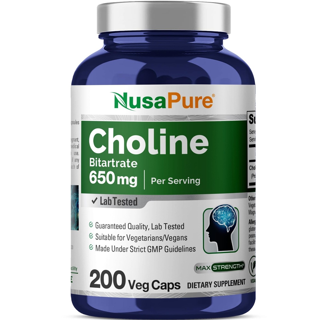 NusaPure Choline Bitartate 650 mg 200 Veggie Kapsle (Vegetarian, Non- GMO, Vegan)